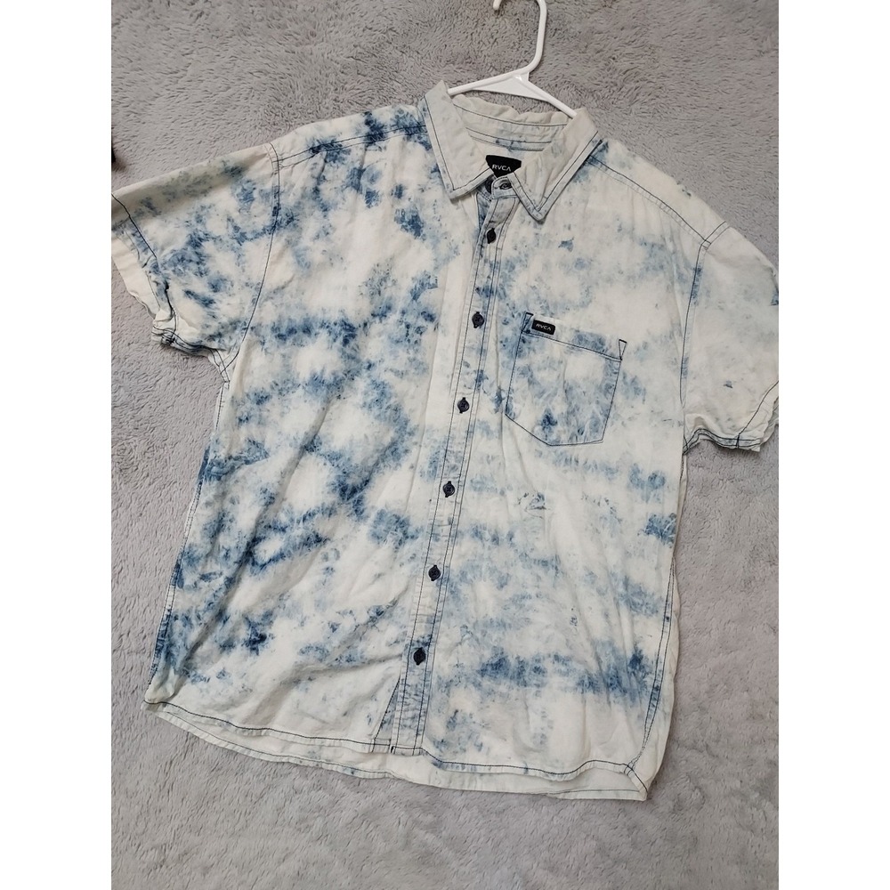 Rvca Shirt Mens Medium Short Sleeve Tie Dye Button Up Vintage Fit Blue Surfer